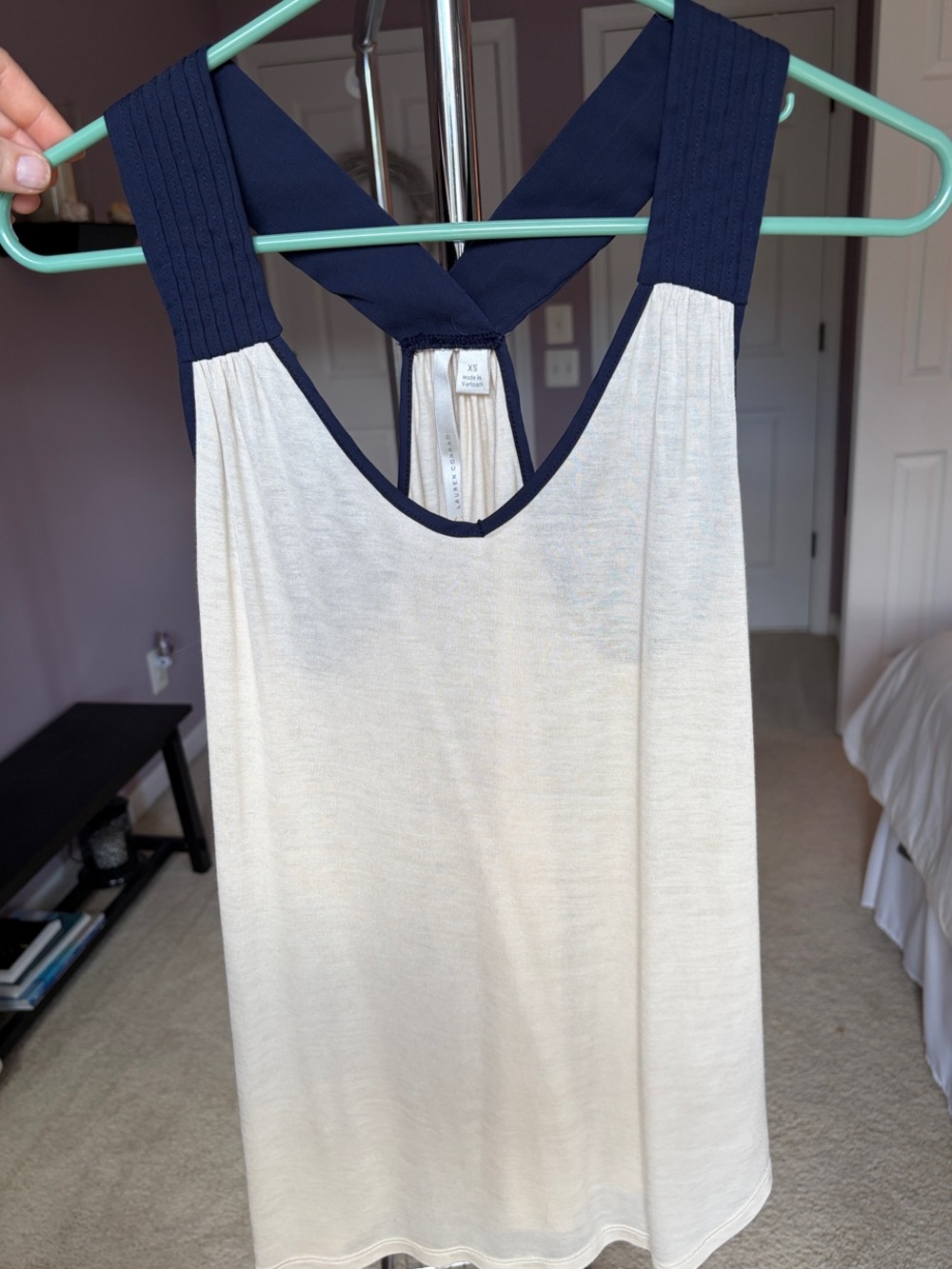 LC Lauren Conrad Cream Tank with Navy Racerback Trim